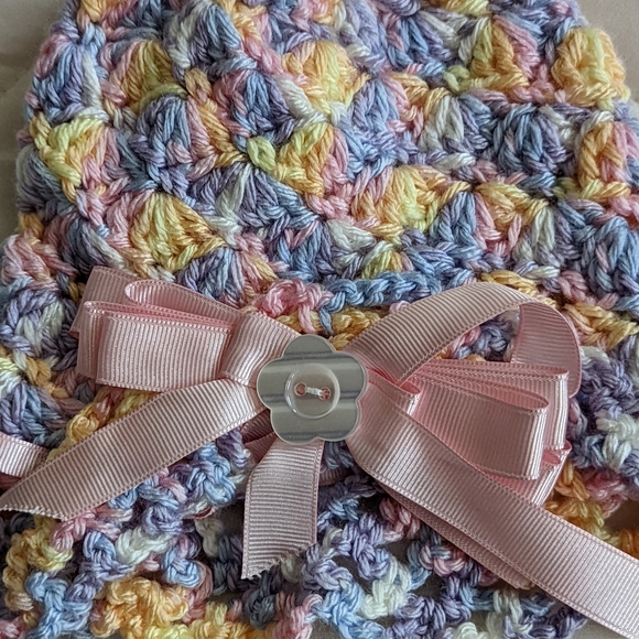 Hand Crocheted Multi Color Pastel Infant Size Beanie Hat with Pink Ribbon Bow - Picture 6 of 8